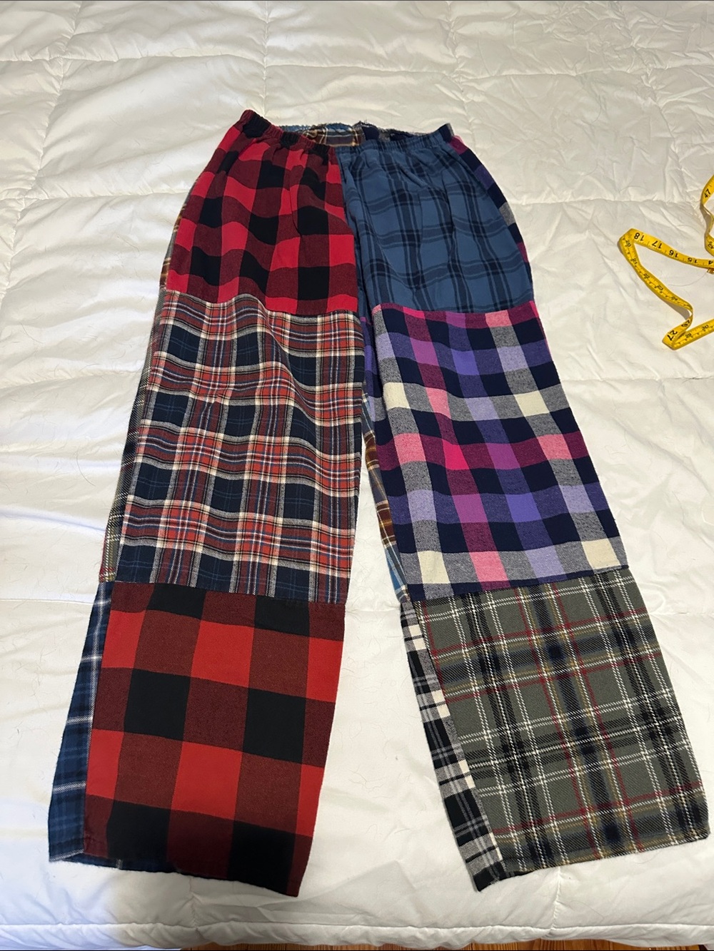 Patchwork Plaid Wide-Leg Pants in Red, Blue & Purple